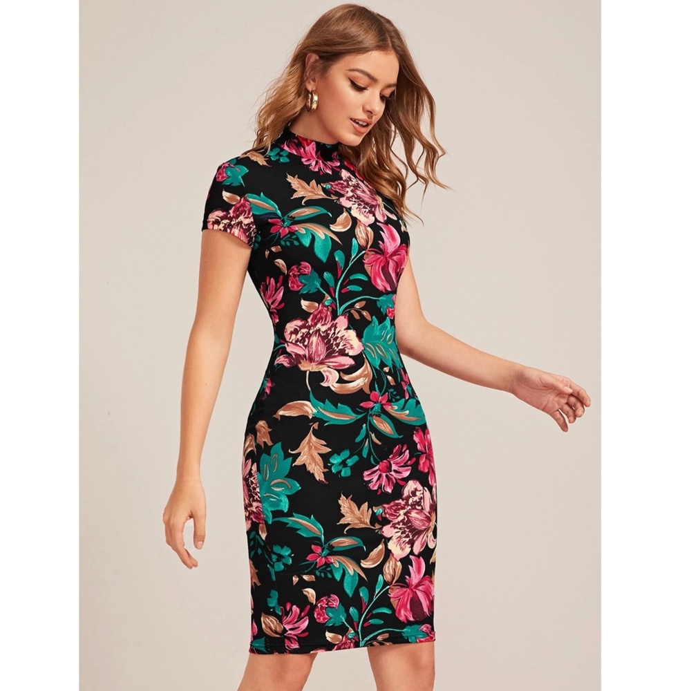 Floral Pattern Black Slim Dress Knee Length - Picture 4 of 9